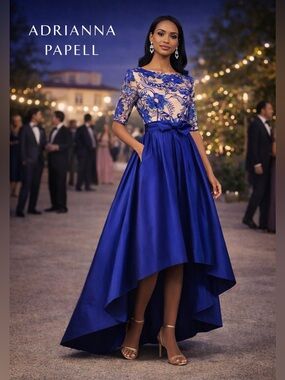 Adrianna Papell Royal Blue Embroidered Lace Illusion Formal Gown,Bow,EUC,Size 8